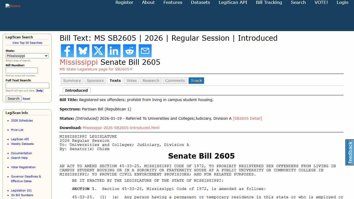 Bill Text: MS SB2605 2026 Regular Session Introduced LegiScan